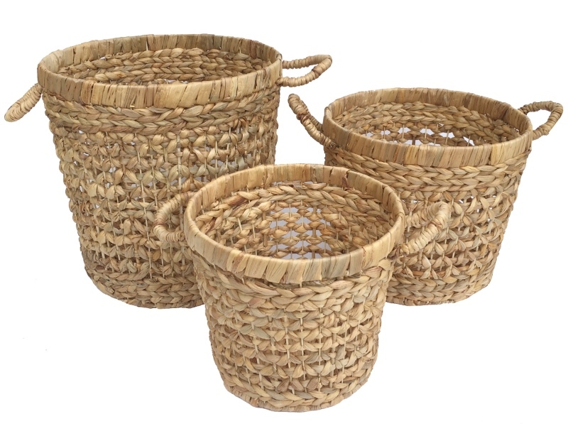 Custom-made Open Weave Water Hyacinth Baskets with Handles - Set of 3